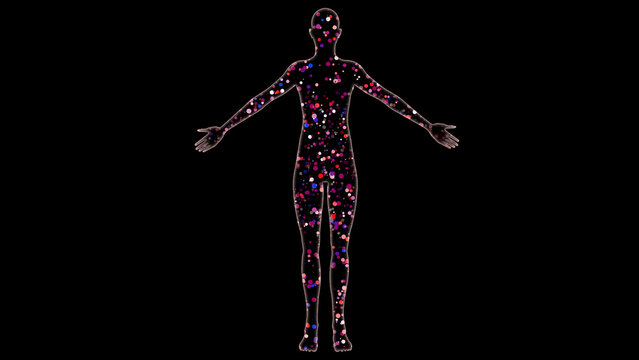 Human body filled with particles. Ultrafine Particles inside human body. Outline of human form with colorful dots inside. 3d illustration render.