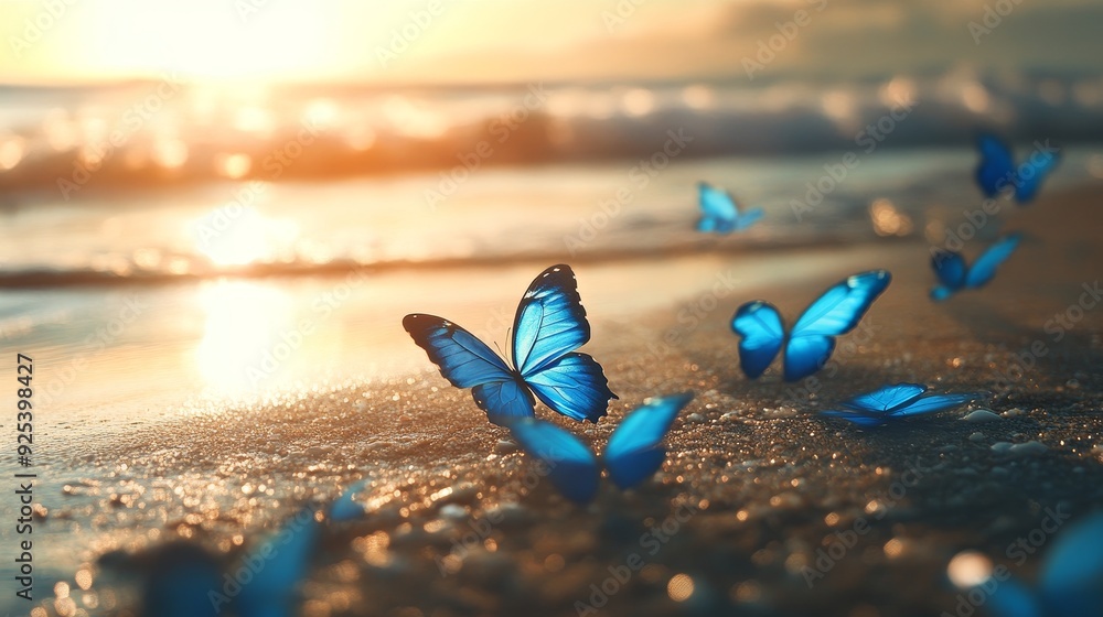 Wall mural Blue Butterflies on a Sandy Beach at Sunset - A group of blue butterflies flutter on a sandy beach at sunset.  The image symbolizes freedom, transformation, beauty, hope, and new beginnings.