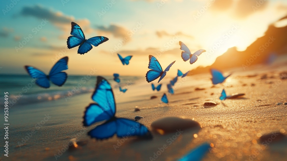 Canvas Prints Blue Butterflies Flying on a Sandy Beach at Sunset - A group of blue butterflies soar through the air over a sandy beach at sunset. This photo symbolizes freedom, hope, transformation, beauty, and nat