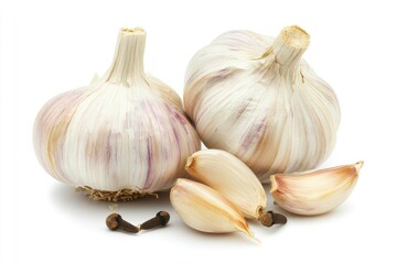 Obraz premium Whole Garlic Bulbs With Cloves on a White Background in Bright Daylight , ai
