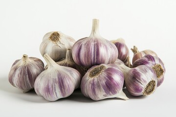 Obraz premium Whole Garlic Bulbs With Cloves on a White Background in Bright Daylight , ai