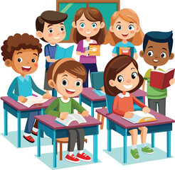 Kids reading, group of friends in a school