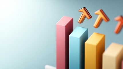 Sales data analysis, vibrant bar charts and growth arrows, 3D illustration