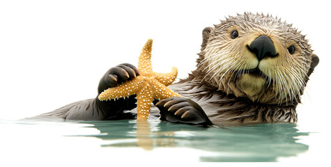  a sea Otter holding a starfish in a PNG, horizontal format, in an aquatic nature-theme, isolated, and transparent photorealistic illustration. Generative ai