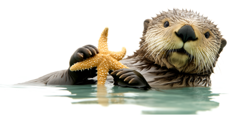  a sea Otter holding a starfish in a PNG, horizontal format, in an aquatic nature-theme, isolated, and transparent photorealistic illustration. Generative ai
