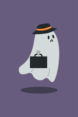 Sad Ghost goes to Work. Halloween Illustration. Spooky season.