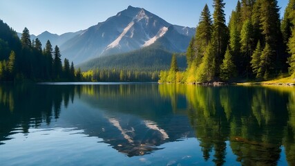 A serene lake, its crystal clear waters reflecting the vibrant colors of the surrounding trees and mountains.