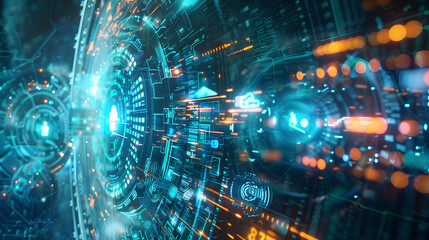 Abstract 3D Futuristic Technology Background with Glowing Lines and Circles