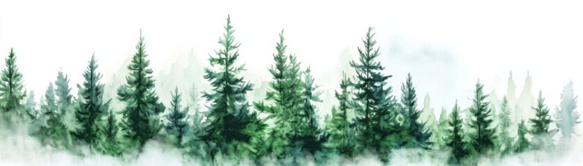 Fototapeta premium A serene watercolor painting of a dense pine forest with mist enveloping the trees. The primary colors are green and white.