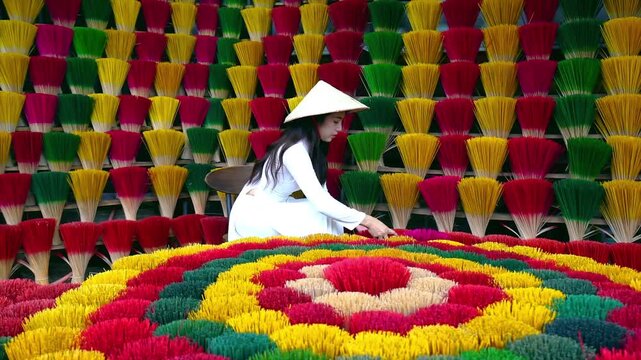 Asian woman wearing ao dai dress with Incense sticks drying in Hue, Vietnam.