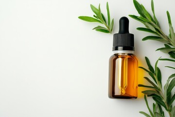 Brown glass dropper bottle with herbal leaves on white background. Ideal for skincare, essential oils, and natural beauty product concepts.