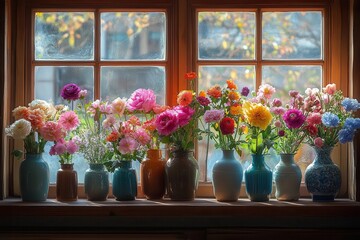 Fototapeta premium sunlit windowsill adorned with diverse flower arrangements vibrant blooms in eclectic vases soft natural light cozy interior atmosphere focus on color and texture