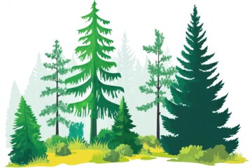 Obraz premium Illustration of a green forest with various trees and bushes on a white background.