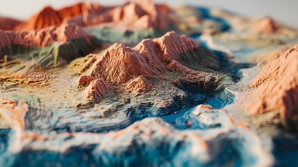Vibrant 3D Topographic Map with Mountain Ranges and Water Bodies