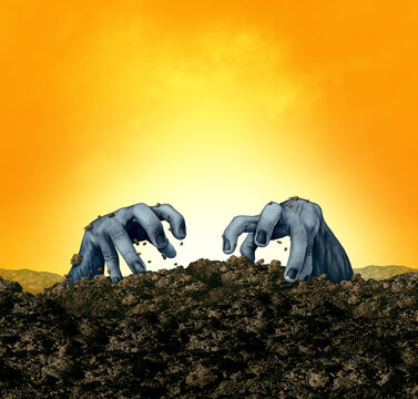 Halloween Monster Background as a Creepy Corps Crawling Out Of A Grave in a spooky cemetery as a zombie ghostly creature emerging out of a crypt as an undead on an orange background.