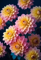 Obraz premium Colorful dahlia flowers blooming against a dark blue background