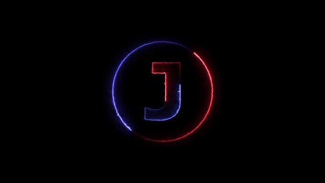 Abstract neon light J text animation ,blue and red color text . Abstract glowing neon line skip left icon animation.
