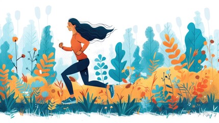 Obraz premium An artistic illustration of a woman running through a forest filled with vividly colored plants and trees, creating a sense of movement and energetic ambiance.