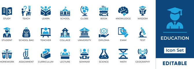 Education Icon Set. Editable icons for assignment, icon, diploma, exam, geography, homework, learn, lecture, seminar, and study.