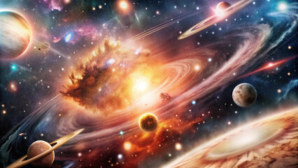 Obraz premium Space background, deep space with stars and galaxies, the Milky Way and tailed comets, dark and mysterious, AI Generation