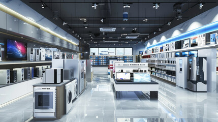 Obraz premium Sleek shelves display the newest electronics, while bright lighting highlights innovative appliances in a contemporary retail space