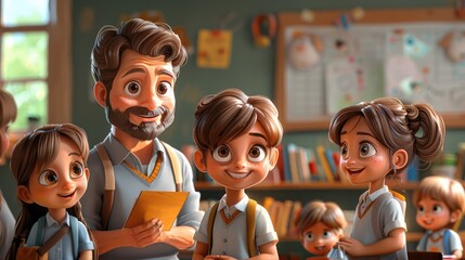 A cartoon-style teacher is interacting with a group of happy students in a classroom setting, representing education, learning, and the joy of school life in a vibrant, playful art style.