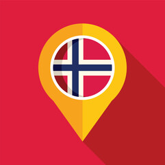 Obraz premium Yellow location pin icon showing the flag of norway, casting a long shadow on a red background