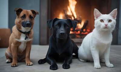 Two dogs and a cat posing together in a modern home