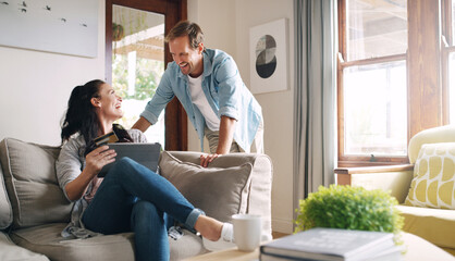 Couple, home and tablet with credit card on sofa for online shopping, payment and saving plan. People, smile and happy on couch at living room for internet banking, budget and investment or finance