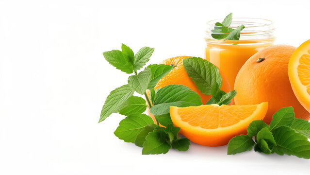Fundo branco clean com laranja fresca e um toque vibrante de suco, rico em vitamina C e antioxidantes. Perfeito para projetos minimalistas e saud&aacute;veis