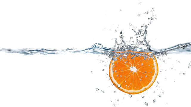 Rodela de laranja fresca caindo em &aacute;gua cristalina, criando um splash vibrante. Fundo transparente PNG, ideal para designs frescos e vibrantes