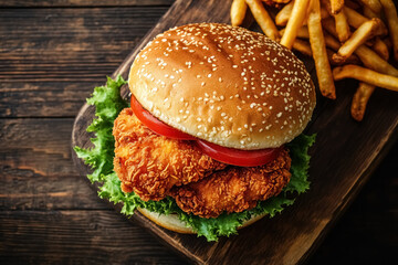 classic crispy chicken burger with sesame seed bun and fries