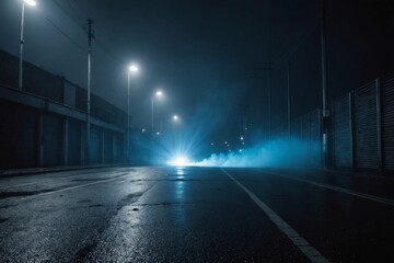 Dark empty scene, blue neon searchlight light, wet asphalt, smoke, night view, rays