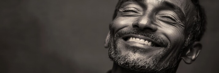 Happy Man with Closed Eyes Smiling - A close-up shot of a happy man with his eyes closed and a wide smile, symbolizing joy, contentment, peace, hope, and positivity.