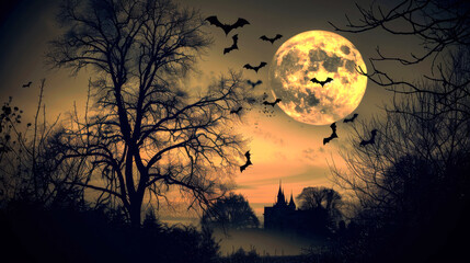 Silhouette of bats flying against full moon and trees