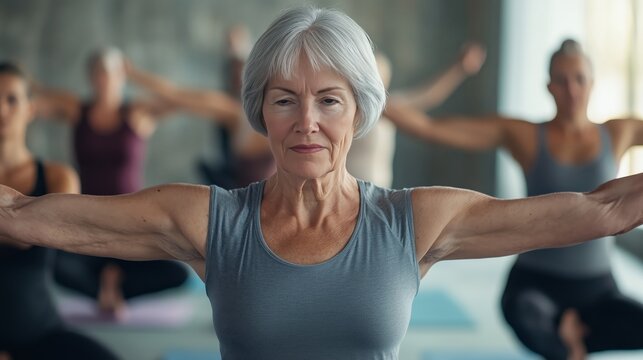A wise senior woman guides a diverse yoga class, promoting relaxation and inner peace through poses.