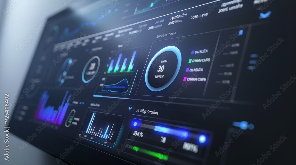 Poster smart home control panel displaying energy usage and environmental metrics for eco-friendly technolo