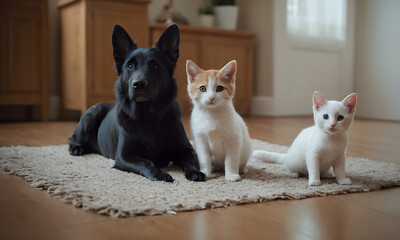 Black german shepherd dog and two white kittens relaxing on carpet