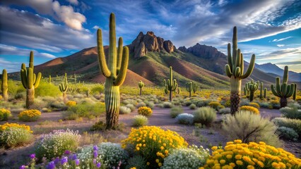 A desert landscape with towering cacti and blooming wildflowers