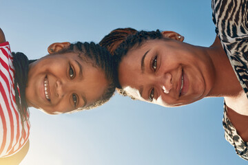 Black family, mother and child portrait with blue sky for love, happiness and vacation in Miami...