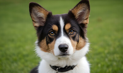 Beautiful tricolor dog posing outdoors in a green field