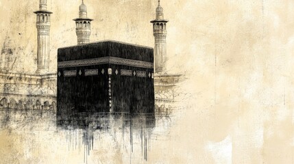 The Kaabah is illustrated with fine ink lines