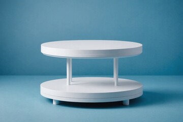 Two empty round white platforms stacked on top of each other, decorated on blue background