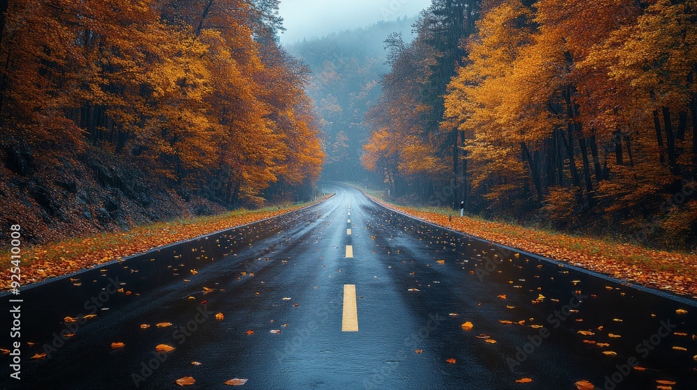 Poster a tranquil drive unfolds along a wet road adorned with fallen leaves, framed by trees displaying ric