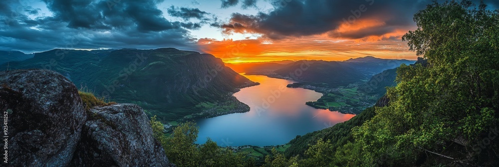 Canvas Prints Majestic Sunset Over Serene Mountain Lake - A breathtaking panorama captures a vibrant sunset illuminating a tranquil mountain lake. The scene features a winding waterway, lush green hills, and dramat