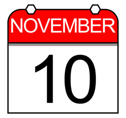 November 10th. Simple illustration of a daily calendar. Date icon.