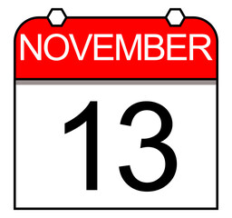 November 13th. An isolated daily calendar icon. Vector illustration.