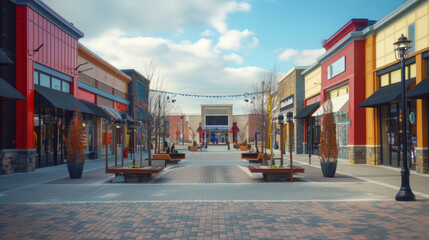 Fototapeta premium A lively shopping area features colorful storefronts, charming planters, and decorative lights under a bright sky, inviting visitors to explore