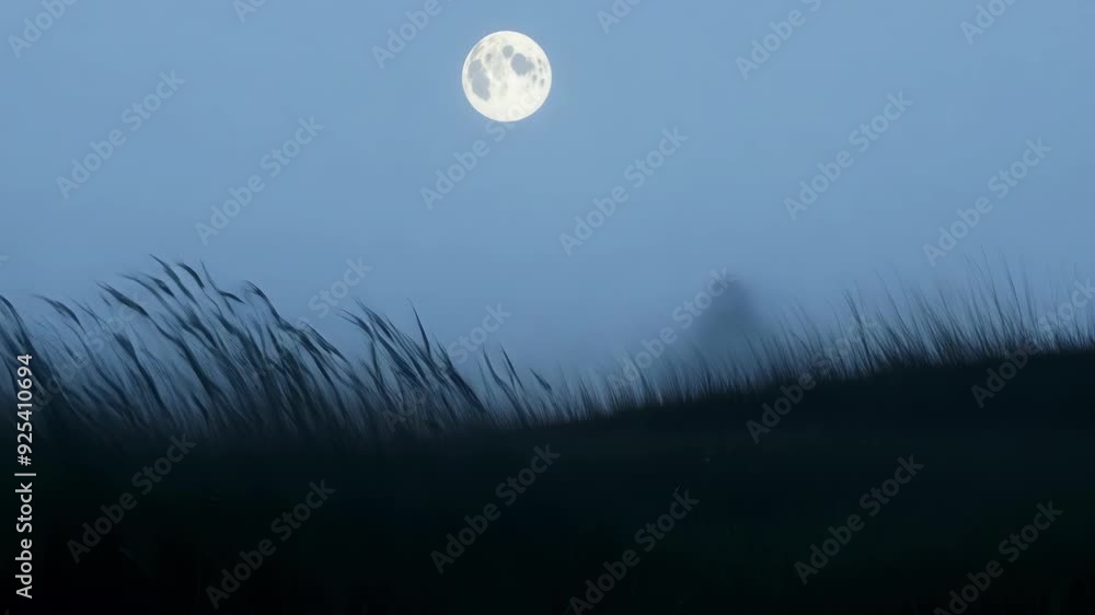 Poster wind blowing on grass at night with a full moon in the background, creating a spooky and mysterious 