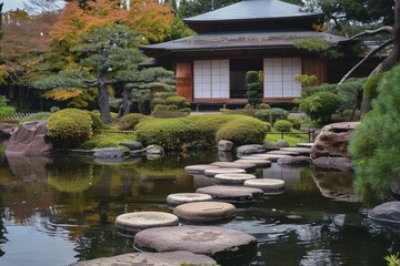 Traditional Japanese Garden with Stone Path